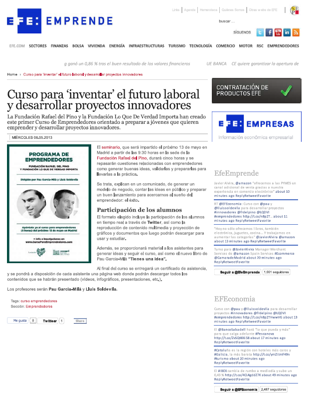 EFE Emprende 8/5/2013 - Curso para 'inventar' el futuro laboral y desarrollar proyectos innovadores